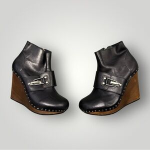 See by Chloe Black Leather Buckle Studded Wedge Ankle Boots Size 38/8 US